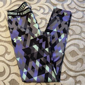 EUC Under Armour Girls Youth Small Black Leggings Athletic Kids Purple Green
